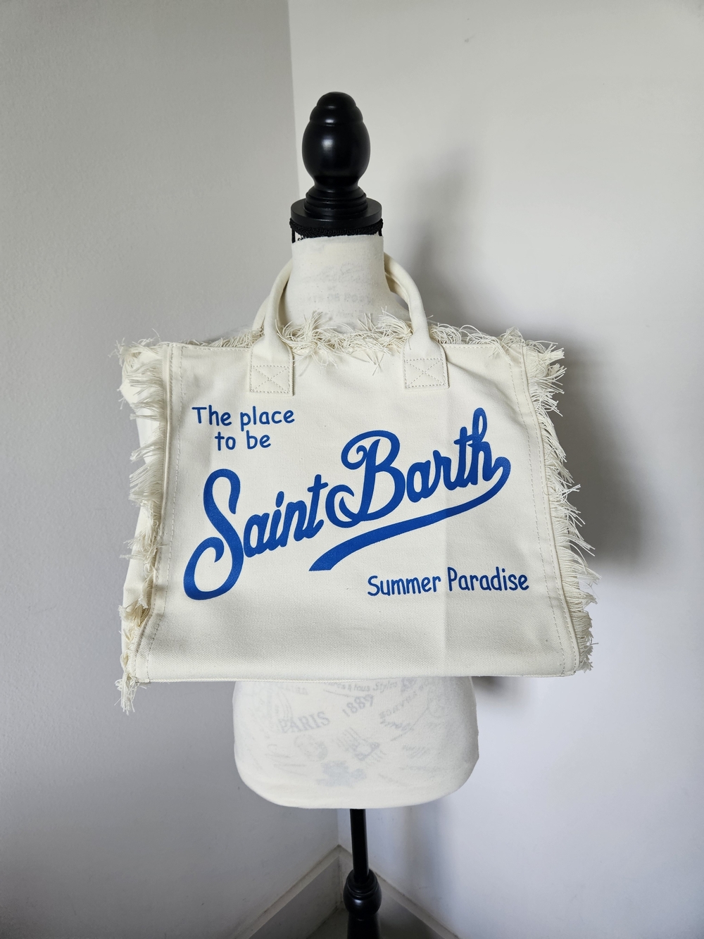 🌴St Barth Cream Canvas Tote with Blue Script